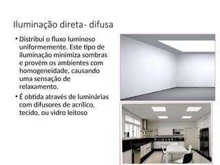 Iluminação direta- difusa
• Distribui o fluxo luminoso
uniformemente. Este tipo de
iluminação minimiza sombras
e provém os ambientes com
homogeneidade, causando
uma sensação de
relaxamento.
• É obtida através de luminárias
com difusores de acrílico,
tecido, ou vidro leitoso
 