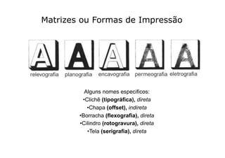 Matrizes ou Formas de Impressão




           Alguns nomes especificos:
          •  lichê (tipográfica), direta
           C
            •  hapa (offset), indireta
              C
        •  orracha (flexografia), direta
         B
        •  ilindro (rotogravura), direta
         C
            •  ela (serigrafia), direta
              T
 
