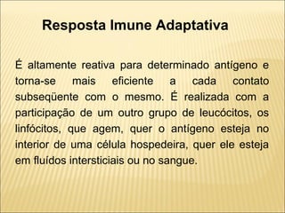 Resposta Imune Adaptativa
É altamente reativa para determinado antígeno e
torna-se mais eficiente a cada contato
subseqüente com o mesmo. É realizada com a
participação de um outro grupo de leucócitos, os
linfócitos, que agem, quer o antígeno esteja no
interior de uma célula hospedeira, quer ele esteja
em fluídos intersticiais ou no sangue.
 