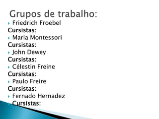  Friedrich Froebel
Cursistas:
 Maria Montessori
Cursistas:
 John Dewey
Cursistas:
 Célestin Freine
Cursistas:
 Paulo Freire
Cursistas:
 Fernado Hernadez
 Cursistas:
 