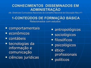 CONHECIMENTOS  DISSEMINADOS EM ADMINISTRAÇÃO cfe. Diretrizes Curriculares Nacionais do Conselho Nacional de Educação Res.nº1   1-CONTEÚDOS DE FORMAÇÃO BÁSICA Relacionados com estudos: comportamentais  econômicos  contábeis  tecnologias da informação e comunicação  ciências jurídicas antropológicos  sociológicos filosóficos  psicológicos  ético-profissionais  políticos 