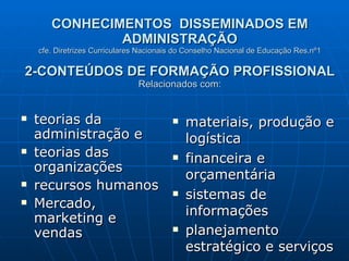 CONHECIMENTOS  DISSEMINADOS EM ADMINISTRAÇÃO cfe. Diretrizes Curriculares Nacionais do Conselho Nacional de Educação Res.nº1 2-CONTEÚDOS DE FORMAÇÃO PROFISSIONAL Relacionados com: teorias da administração e  teorias das organizações recursos humanos Mercado, marketing e vendas materiais, produção e logística  financeira e orçamentária sistemas de informações planejamento estratégico e serviços   