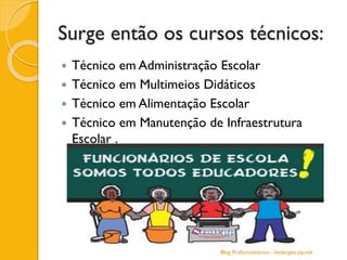 Surge então os cursos técnicos:
 Técnico em Administração Escolar
 Técnico em Multimeios Didáticos
 Técnico em Alimentação Escolar
 Técnico em Manutenção de Infraestrutura
Escolar .
Blog Profuncionários - hedergeo.zip.net
 