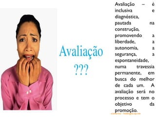 Blog Profuncionários - hedergeo.zip.net
Avaliação – é
inclusiva e
diagnóstica,
pautada na
construção,
promovendo a
liberdade, a
autonomia, a
segurança, a
espontaneidade,
numa travessia
permanente, em
busca do melhor
de cada um. A
avaliação será no
processo e tem o
objetivo da
promoção.
 