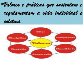 •Valores e práticas que sustentam e
 regulamentam a vida individual e
 coletiva.
 