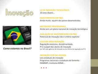 Como estamos no Brasil?
LEI DE INOVAÇÃO TECNOLÓGICA
10 anos depois...
INVESTIMENTOS EM P&D
Ainda muito aquém dos países desenvolvidos
MESTRADOS PROFISSIONAIS
Ainda sem um plano nacional de inovação tecnológica
AVALIAÇÃO DE INVESTIMENTOS EM P&D
Potencial de inovação não é critério explícito
. . .
CULTURA PARA INOVAÇÃO
Regulação excessiva, disciplinaridade,
PI e o papel dos atores de inovação
(ex. NITs são agências de inovação ou escritórios de regulação da PI?)
INOVAÇÃO ESTÁ NA AGENDA
Leis estaduais de inovação
Programas nacionais e estaduais de fomento
EMBRAPI, Institutos SENAI...
 