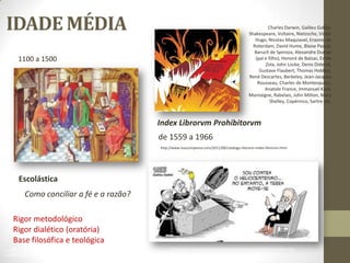IDADE MÉDIA
Escolástica
http://3.bp.blogspot.com/-
OH1nf5BHLik/TkMGUPWeM6I/AAAAAAAAAYw/hD6l2KUJX5w/s320/escolastica2.jpg
1100 a 1500
http://oferrao.atarde.uol.com.br/wp-content/uploads/2010/10/medieval.jpg
Index Librorvm Prohibitorvm
de 1559 a 1966
Charles Darwin, Galileu Galilei,
Shakespeare, Voltaire, Nietzsche, Victor
Hugo, Nicolau Maquiavel, Erasmo de
Roterdam, David Hume, Blaise Pascal,
Baruch de Spinoza, Alexandre Dumas
(pai e filho), Honoré de Balzac, Emile
Zola, John Locke, Denis Diderot,
Gustave Flaubert, Thomas Hobbes,
René Descartes, Berkeley, Jean-Jacques
Rousseau, Charles de Montesquieu,
Anatole France, Immanuel Kant,
Montaigne, Rabelais, John Milton, Mary
Shelley, Copérnico, Sartre etc.
http://2.bp.blogspot.com/-
3zh9c4ZPWdk/T8e0odHW3pI/AAAAAAAABFI/5HHtIey6_RI/s1600/fahrenheit451_3.jpg
http://www.issocompensa.com/2011/08/catalogo-literario-index-librorvm.html
Como conciliar a fé e a razão?
Rigor metodológico
Rigor dialético (oratória)
Base filosófica e teológica
 