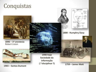 Conquistas
1846 – 1ª anestesia
http://2.bp.blogspot.com/_WsE6M_RjBIY/TIHlVw2fdkI/AAAAAAAAcCI/n48qlW2Aus8/s400/First+Operatio
n+Under+Ether+1846+Robert+C+Hinckley.jpg
Robert Liston
1800 - Humphry Davy
http://www.uh.edu/engines/humpdavy.jpg
http://4.bp.blogspot.com/-Zk28cqCWClY/UC8UOCaJkII/AAAAAAAAAEk/LQhc6URKRg8/s320/the-steam-engine.jpg
1759 – James Watt
http://flyingpilot.com/images/dumont14bis.gif1903 – Santos Dumont
1990-hoje
Sociedade da
informação
( ? discipllnar ?)
 