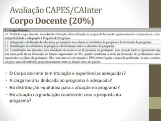 Avaliação CAPES/CAInter
Corpo Docente (20%)
• O Corpo docente tem titulação e experiências adequadas?
• A carga horária dedicada ao programa é adequada?
• Há distribuição equitativa para a atuação no programa?
• Há atuação na graduação condizente com a proposta do
programa?
 