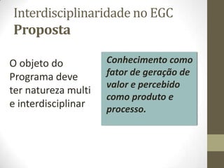 Interdisciplinaridade no EGC
Proposta
O objeto do
Programa deve
ter natureza multi
e interdisciplinar
Conhecimento como
fator de geração de
valor e percebido
como produto e
processo.
 