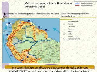 Fonte: DNIT, análise Macrologística
Mapeamento dos corredores potenciais internacionais na Amazônia
Legal
Na segunda fase, analisou-se o potencial de utilização dos
Corredores Internacionais Potenciais na
Amazônia Legal
Países limítrofes com potencial de
integração direta
Ligações rodoviárias
Ligações hidroviárias
1
3
2
4
5
6
1. Guiana Francesa
2. Guiana
3. Venezuela
4. Equador
5. Peru
6. Chile
7. Bolívia
8. Canal do Panamá
7
8
 