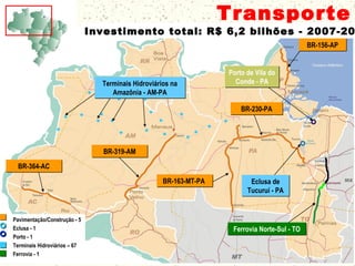 157
Aguiarnópolis
Transporte
BR-364-ACBR-364-AC
BR-163-MT-PABR-163-MT-PA
BR-319-AMBR-319-AM
BR-156-APBR-156-AP
BR-230-PABR-230-PA
Ferrovia Norte-Sul - TOFerrovia Norte-Sul - TO
Eclusa de
Tucuruí - PA
Eclusa de
Tucuruí - PA
Terminais Hidroviários na
Amazônia - AM-PA
Terminais Hidroviários na
Amazônia - AM-PA
Porto de Vila do
Conde - PA
Porto de Vila do
Conde - PA
Pavimentação/Construção - 5
Eclusa - 1
Porto - 1
Terminais Hidroviários – 67
Ferrovia - 1
Investimento total: R$ 6,2 bilhões - 2007-20
 