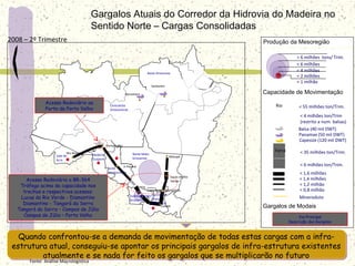 Leste
Rondoniense
Centro-Sul
Mato-
Grossense
Norte Mato-
Grossense
Madeira-
Guaporé
Vale do
Acre
Sudoeste Mato-
Grossense
2008 – 2º Trimestre
Quando confrontou-se a demanda de movimentação de todas estas cargas com a infra-
estrutura atual, conseguiu-se apontar os principais gargalos de infra-estrutura existentes
atualmente e se nada for feito os gargalos que se multiplicarão no futuro
Quando confrontou-se a demanda de movimentação de todas estas cargas com a infra-
estrutura atual, conseguiu-se apontar os principais gargalos de infra-estrutura existentes
atualmente e se nada for feito os gargalos que se multiplicarão no futuro
Acesso Rodoviário ao
Porto de Porto Velho
Acesso Rodoviário a BR-364
Tráfego acima da capacidade nos
trechos e respectivos acessos:
Lucas do Rio Verde - Diamantino
Diamantino - Tangará da Serra
Tangará da Serra – Campos de Júlio
Campos de Júlio – Porto Velho
Gargalos Atuais do Corredor da Hidrovia do Madeira no
Sentido Norte – Cargas Consolidadas
Diamantino
Porto Velho
Rio Branco
Lucas do Rio
Verde
Santarém
Ji-Paraná
Itacoatiara
Matupá
Cuiabá
Baixo Amazonas
Produção da Mesoregião
Capacidade de Movimentação
< 55 milhões ton/Trim.
Panamax (50 mil DWT)
Balsa (40 mil DWT)
Gargalos de Modais
Via Principal
Descrição dos Gargalos
< 0,8 milhão
< 1,2 milhão
< 1,6 milhões
< 1,4 milhões
Rio
< 35 milhões ton/Trim.Ferro
< 6 milhões ton/Trim.
Mineroduto
< 4 milhões ton/Trim
(restrito a num. balsas)
> 6 milhões tons/ Trim.
< 2 milhões
< 4 milhões
< 6 milhões
< 1 milhão
Capesize (120 mil DWT)
Centroeste
Amazonense
Fonte: Análise Macrologística
 