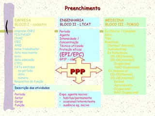 empresa CNPJ
PIS/PASEP
CNAE
CBO
ANO
nome trabalhador
data nascimento
sexo
data admissão
CTPS
CATs emitidas
no período
data
número
Requisitos da função
EMPRESA
BLOCO I - cadastro
Descrição das atividades
Período
Setor
Cargo
Função
Período
Agente
Intensidade /
Concentração
Técnica utilizada
Proteção eficaz
(EPI/EPC)
GFIP - código
ENGENHARIA
BLOCO II - LTCAT
Ex.Clínicos / Complem
Data
Tipo
Resultado
(Normal/ Anormal)
Audiometrias
Ex Referência
OD-OE(Normal)
OD-OE(Anormal)
Ocupacional
NÃO Ocupacional
Ex.Seqüencial
OD-OE(Normal)
OD-OE(Anormal)
Estável
Agravamento
Ocupacional
NÃO Ocupacional
MEDICINA
BLOCO III - PCMSO
Expo. agente nocivo:
• habitua/permanente
• ocasional/intermitente
• ausência ag. nocivo
PPPPPP
PreenchimentoPreenchimento
 