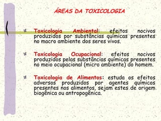 ÁREAS DA TOXICOLOGIA
Toxicologia Ambiental: efeitos nocivos
produzidos por substâncias químicas presentes
no macro ambiente dos seres vivos.
Toxicologia Ocupacional: efeitos nocivos
produzidos pelas substâncias químicas presentes
no meio ocupacional (micro ambiente) do homem.
Toxicologia de Alimentos: estuda os efeitos
adversos produzidos por agentes químicos
presentes nos alimentos, sejam estes de origem
biogênica ou antropogênica.
 