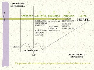 HOMEOSTASIA
LT
IBMP
INTENSIDADE
DE RESPOSTA
INTENSIDADE DE
EXPOSIÇÃO
I
ADEQUADA
II
ACEITÁVEL
III
EXCESSIVA
IV
PERIGOSA
V
LETAL
MORTEALTERAÇÕES
BIOQUÍMICAS
REVERSÍVEIS
AUSÊNCIA DE
SINTOMAS
CLÍNICOS
LESÕES
BIOQUÍMICAS
SINTOMAS
CLÍNICOS
REVERSÍVEIS
LESÕES
BIOQUÍMICAS
SINTOMAS
CLÍNICOS
IRREVERSÍVEIS
Esquema da correlação exposição/absorção/efeito nocivo
 