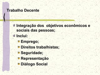 Trabalho Decente
Integração dos objetivos econômicos e
sociais das pessoas;
Inclui:
Emprego;
Direitos trabalhistas;
Seguridade;
Representação
Diálogo Social
 