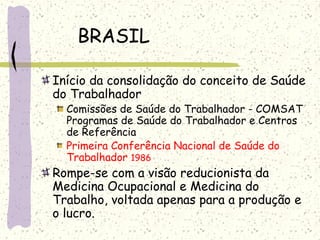 BRASIL
Início da consolidação do conceito de Saúde
do Trabalhador
Comissões de Saúde do Trabalhador - COMSAT
Programas de Saúde do Trabalhador e Centros
de Referência
Primeira Conferência Nacional de Saúde do
Trabalhador 1986
Rompe-se com a visão reducionista da
Medicina Ocupacional e Medicina do
Trabalho, voltada apenas para a produção e
o lucro.
 