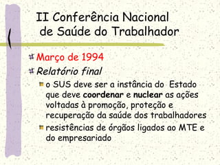 II Conferência Nacional
de Saúde do Trabalhador
Março de 1994
Relatório final
o SUS deve ser a instância do Estado
que deve coordenar e nuclear as ações
voltadas à promoção, proteção e
recuperação da saúde dos trabalhadores
resistências de órgãos ligados ao MTE e
do empresariado
 