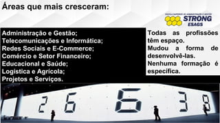 Áreas que mais cresceram:
Administração e Gestão;
Telecomunicações e Informática;
Redes Sociais e E-Commerce;
Comércio e Setor Financeiro;
Educacional e Saúde;
Logística e Agrícola;
Projetos e Serviços.
Administração e Gestão;
Telecomunicações e Informática;
Redes Sociais e E-Commerce;
Comércio e Setor Financeiro;
Educacional e Saúde;
Logística e Agrícola;
Projetos e Serviços.
Todas as profissões
têm espaço.
Mudou a forma de
desenvolvê-las.
Nenhuma formação é
específica.
 