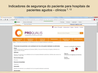 Indicadores de segurança do paciente para hospitais de
pacientes agudos - clínicos 7, 13
 