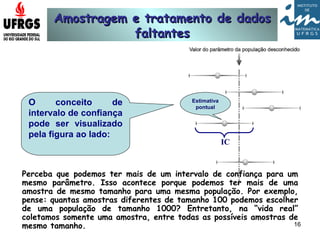 Amostragem e tratamento de dadosAmostragem e tratamento de dados
faltantesfaltantes
16
Perceba que podemos ter mais de um intervalo de confiança para um
mesmo parâmetro. Isso acontece porque podemos ter mais de uma
amostra de mesmo tamanho para uma mesma população. Por exemplo,
pense: quantas amostras diferentes de tamanho 100 podemos escolher
de uma população de tamanho 1000? Entretanto, na “vida real”
coletamos somente uma amostra, entre todas as possíveis amostras de
mesmo tamanho.
O conceito de
intervalo de confiança
pode ser visualizado
pela figura ao lado:
Estimativa
pontual
IC
 