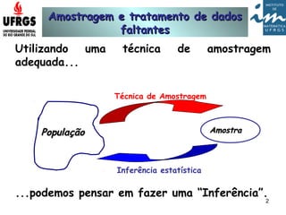 Amostragem e tratamento de dadosAmostragem e tratamento de dados
faltantesfaltantes
2
PopulaçãoPopulação AmostraAmostra
Técnica de Amostragem
Inferência estatística
Utilizando uma técnica de amostragem
adequada...
...podemos pensar em fazer uma “Inferência”.
 