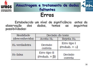 Amostragem e tratamento de dadosAmostragem e tratamento de dados
faltantesfaltantes
30
Erros
Estabelecido um nível de significância antes da
observação dos dados, temos as seguintes
possibilidades:
 