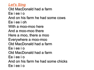 Let's Sing
Old MacDonald had a farmOld MacDonald had a farm
Ee i ee i oEe i ee i o
And on his farm he had some cowsAnd on his farm he had some cows
Ee i ee i ohEe i ee i oh
With a moo-moo hereWith a moo-moo here
And a moo-moo thereAnd a moo-moo there
Here a moo, there a mooHere a moo, there a moo
Everywhere a moo-mooEverywhere a moo-moo
Old MacDonald had a farmOld MacDonald had a farm
Ee i ee i oEe i ee i o
Old MacDonald had a farmOld MacDonald had a farm
Ee i ee i oEe i ee i o
And on his farm he had some chicksAnd on his farm he had some chicks
Ee i ee i oEe i ee i o
 