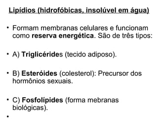 Lipídios (hidrofóbicas, insolúvel em água)

• Formam membranas celulares e funcionam
  como reserva energética. São de três tipos:

• A) Triglicérides (tecido adiposo).

• B) Esteróides (colesterol): Precursor dos
  hormônios sexuais.

• C) Fosfolípides (forma mebranas
  biológicas).
•
 