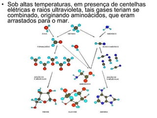 • Sob altas temperaturas, em presença de centelhas
  elétricas e raios ultravioleta, tais gases teriam se
  combinado, originando aminoácidos, que eram
  arrastados para o mar.
 