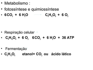 • Metabolismo :
• fotossíntese e quimiossíntese
• 6 CO2 + 6 H2O        C6H12O6 + 6 O2



• Respiração celular
• C6H12O6 + 6 O2 6 CO2 + 6 H2O + 36 ATP

• Fermentação
• C6H12O6  etanol+ CO2 ou ácido lático
 