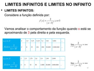 LIMITES INFINITOS E LIMITES NO INFINITO
 LIMITES INFINITOS:
Considere a função definida por:
Vamos analisar o comportamento da função quando x está se
aproximando de 3 pela direita e pela esquerda.
( )
( )
2
2
; 3
3
f x x
x
= ≠
−
( )
2
3
2
lim
3x x
+
→
= +∞
−
( )
2
3
2
lim
3x x
−
→
= +∞
−
14
 