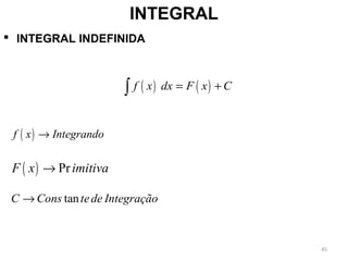  INTEGRAL INDEFINIDA
INTEGRAL
( ) ( )f x dx F x C= +∫
tanC Cons tede Integração→
( )f x Integrando→
( ) PrF x imitiva→
45
 