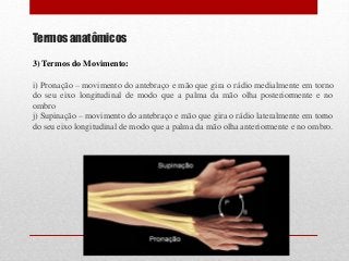 Termos anatômicos
3) Termos do Movimento:
i) Pronação – movimento do antebraço e mão que gira o rádio medialmente em torno
do seu eixo longitudinal de modo que a palma da mão olha posteriormente e no
ombro
j) Supinação – movimento do antebraço e mão que gira o rádio lateralmente em torno
do seu eixo longitudinal de modo que a palma da mão olha anteriormente e no ombro.
 