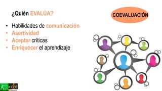 ¿Quién EVALÚA?
• Habilidades de comunicación
• Asertividad
• Aceptar críticas
• Enriquecer el aprendizaje
COEVALUACIÓN
 