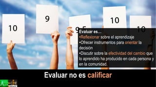 Evaluar no es calificar
Evaluar es…
•Reflexionar sobre el aprendizaje
•Ofrecer instrumentos para orientar la
decisión
•Discutir sobre la efectividad del cambio que
lo aprendido ha producido en cada persona y
en la comunidad.
 