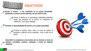 Ayudar al alumno a ser consciente de su propio aprendizaje,
ayudándole a conocer cuando aprende y de qué modo lo hace
Animar al alumno en su aprendizaje, plateándole pequeñas
metas que potencien en el alumno un sentimiento de
satisfacción con la tarea realizada
Fomentar la responsabilidad del alumno en su propio aprendizaje
Fomentar el espíritu crítico, tanto a la hora de realizar la
búsqueda y selección de los materiales , como a serlo con él
mismo
Desarrollar la competencia comunicativa de los alumnos a través de
distintas actividades creativas, realizadas a través de distintos
artefactos
http://sfiilke.mojsajt.rs/uploads/complus/images/01295.png?r=4x3&w=1280
OBJETIVOS
http://www.six-informatics.com/wp-content/uploads/2015/04/Portfolio.gif
 