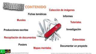 CONTENIDO
http://www.six-informatics.com/wp-content/uploads/2015/04/Portfolio.gif http://biovictor.com/wp-content/uploads/2013/02/cortaplumas-navaja-suiza-victorinox-ranger-21usos-garantia_MLA-F-146361621_7459.jpg
Informes
Tutoriales
Producciones escritas
Posters
Fichas temáticas
Investigación
Recopilación de documentos
Entrevistas
Documentar un proyecto
Mapas mentales
Murales
Colección de imágenes
 