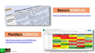 http://pbs.twimg.com/media/CGL15qhWwAAd37A.jpg
http://3.bp.blogspot.com/-LtJBr3lkGmI/VA3BiACD1aI/AAAAAAAABOk/63eqeEkkobs/s1600/Rubricas_Valoracion.png
http://es.slideshare.net/comysoc/banco-de-rubricas
BancodeRÚBRICAS
PlantilladeRÚBRICAS
http://blog.princippia.com/2014/09/crear-
interpretar-rubricas-googleapps.html
 