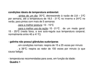 condições ideais de temperatura ambiental: 
. pintos de um dia: 35°C, decrescendo à razão de 2,8 – 3°C 
por semana, até a temperatura de 18,5 - 21°C no inverno e 24°C no 
verão, para pintos com mais de 5 semanas 
. para a melhor postura: 13 - 15°C 
. para o melhor uso da ração: 15 - 21°C . de um modo geral: 
15 - 25°C (nesta faixa, a ave auto-regula sua temperatura corporal, 
normalmente entre 40 a 41°C) 
- galinha não possui glândulas sudoríparas 
. em condições normais: respira de 15 a 25 vezes por minuto 
. a 38°C: respira ao redor de 150 vezes por minuto (o que 
causa fadiga) 
- temperaturas recomendadas para aves, em função da idade: 
Quadro 1 
 