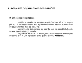 5.2 DETALHES CONSTRUTIVOS DOS GALPÕES 
B) Dimensões dos galpões: 
. tendência mundial de se construir galpões com 12 m de largura 
por 100 a 140 m (em média 125 m) de comprimento visando a otimização 
de equipamentos, mão-de-obra, etc. 
. comprimento determinado de acordo com as possibilidades do 
terreno e praticidade no manejo 
. larguras de até 8 a 10 m (em regiões de clima quente e úmido) ou 
de até 10 a 14 m (em regiões de clima quente e seco) (Quadro 5) 
 