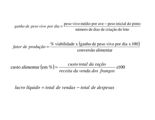 lotedocriaçãodediasdenúmero
pintodoinicialpesoavepormédiovivopeso −
=diaporvivopesodeganho
( )
alimentarconversão
100xdiaporvivopesodeganhoxeviabilidad%
=produçãodefator
( ) 100%emalimentarcusto x
frangosdosvendadareceita
raçãodatotalcusto
=
despesasdetotalvendasdetotallíquidolucro −=
 