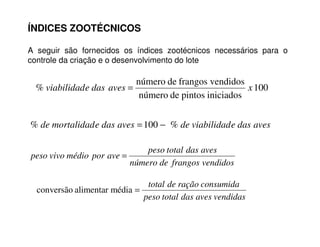 100
iniciadospintosdenúmero
vendidosfrangosdenúmero
% xavesdaseviabilidad =
avesdaseviabilidaddeavesdasemortalidadde %100% −=
vendidosfrangosdenúmero
avesdastotalpeso
avepormédiovivopeso =
vendidasavesdastotalpeso
consumidaraçãodetotal
=médiaalimentarconversão
ÍNDICES ZOOTÉCNICOS
A seguir são fornecidos os índices zootécnicos necessários para o
controle da criação e o desenvolvimento do lote
 