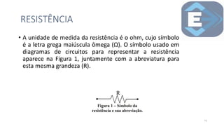 • A unidade de medida da resistência é o ohm, cujo símbolo
é a letra grega maiúscula ômega (Ω). O símbolo usado em
diagramas de circuitos para representar a resistência
aparece na Figura 1, juntamente com a abreviatura para
esta mesma grandeza (R).
RESISTÊNCIA
15
 
