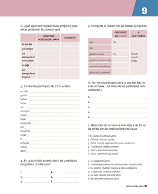 2. ¿Qué signo del zodíaco maya prefieres para
estas personas? Escribe por qué.
tu pareja
un amigo
un
compañero
de trabajo
tu jefe
un
compañero
de piso
SIGNO DEL
HORÓSCOPO MAYA
MOTIVOS
3. Escribe los participios de estos verbos.
escribí r
gustar
hablar
tener
ser
comprar
poner
hacer
encontrar
ver
escuchar
estar ......•.•....•••.....•••.........••......••••.•..•.
ir
conocer
volver
decir
4. En la actividad anterior hay seis participios
irregulares. ¿Cuáles son?
l.
2.
3.
4.
5.
6.
5. Completa el cuadro con las formas que faltan.
PRESENTE +
(yo)
(tú)
(él/ella/usted)
(nosotros/nosotras)
(vosotros/vosotras)
(ellos/ellas/ustedes)
DE HABER
he
ha
PARTICIPIO
estado
tenido
vivido
6. Escribe cinco frases sobre lo que has hecho
esta semana. Usa cinco de los participios de la
actividad 3.
,.
2.
3.
4.
5.
7. Relaciona de la manera más lógica las frases
de arriba con las explicaciones de abajo.
1. Es un tenista muy bueno
2. Conoce muchos países
3 Tiene mucha experiencia como conductor
4 Habla ru so perfectamente
s Es una escritora conocida
G Es un cocinero muy bueno
a Ha viajado mucho
b Ha trabajado en varios restaurantes importantes
e Ha escrito muchas novelas y obras de teatro
d Ha ganado muchos premios
e Ha sido taxista durante años
f Ha vivido en Moscú 10 años
ciento sesenta ynueve 1169
 