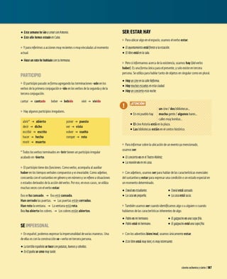 • Esta semana he ido acenar conAnwnio.
• Este año hemos estado en Cuba.
IJ Yparareferirnos aacciones muyrecientes omuyvinculadas almomento
actual.
• Hace un rato he hablado con cu hermana.
PARTICIPIO
IJ El participiopasadose formaagregandolas terminaciones -ado enlos
verbos delaprimeraconjugacióne-ido enlos verbos delasegundaydela
terceraconjugación.
cantar cantado beber bebido v1v1r vivido
IJ H
ay algunos participios irregulares.
abrir') abierto
decir dicho
escribir escrito
hacer hecho
morir muerto
poner puesto
ver visto
volver vuelto
romper roto
' Todos los verbos terminados en-brir tienenun participioirregular
acabadoen-bierto.
IJ El participiotienedos funciones. Comoverbo,acompañaalauxiliar
haber en los tiempos verbales compuestos yesinvariable. Comoadjetivo,
concuerdaconelsustantivo engénero yennúmero yse refiereasituaciones
oestados derivados delaaccióndelverbo.P
oreso, enesos casos, seutiliza
muchas vecesconelverboestar.
E
va se ha cansado. Evaestácansada.
Han cerrado las puertas. L
as puertas est~ncerradas.
Han roto laventana. Laventanaestárota.
B
ea ha abierto los sobres. L
os sobres estánabiertos.
SE IMPERSONAL
IJ En español,podemos expresarlaimpersonalidadde varias maneras.Una
deellas es conlaconstrucciónse+ verboentercerapersona.
• L
arorrilla española se hace con pararas,huevosycebollas.
• E
nE
spaña se cena muy tarde.
SER/ESTAR/HAY
IJ P
araubicaralgo enelespacio,usamos elverboestar.
• E
layuntamiento está frente ala estación.
• El libro está en la sala.
IJ Pero si informamos acerca delaexistencia,usamos hay (delverbo
haber). E
sunaformaúnica paraelpresente, ysoloexisteen tercera
persona. Se utilizaparahablartantodeobjetos ensingularcomoenplural.
• Hay un cine en la calle R
eforma.
• Hay í!'~.
C.h.~.
s..e.s(~~l.a.s. en esta ciudad.
• Hay.~n.CQfl.~i~r:r.q esta noche.
• En mi pueblohay ¡mucha gente/ algunos bares...
!calles muybonitas...
• El cineAstoriaestá enlaplaza.
• Las bibliotecas están enelcentro histórico.
IJ P
arainformarsobre laubicaciónde un eventoya mencionado,
usamos ser.
• E
lconcierto es en el TeatroAlbéniz.
• L
areunión es en mi casa.
IJ Conadjetivos,usamos ser parahablardelas características esenciales
delsustantivo yestar paraexpresar unacondiciónoun estadoespecialen
un momentodeterminado.
• David es estudiante. • David está cansado.
• L
acasa es pequeña. • La casa está sucia.
IJ T
ambiénusamos ser cuandoidentificamos algo oaalguienocuando
hablamos de las características inherentes dealgo.
• Pablo es mi hermano. • Bgazpacho es una sopa fría.
• Pablo e5tá mi hermano. • Bgazpacho está una sopa fría.
Conlos adverbios bien/mal,usamos únicamenteestar.
• E
ste libro está muy bien; es muy interesante.
cientoochentaysiete 1187
 
