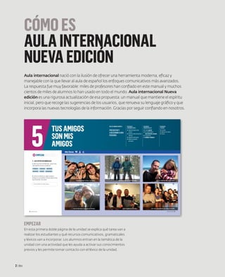 CÓMOES
AULAINTERNACIONAL
NUEVAEDICIÓN
EMPEZAR
En esta primera doble página de la unidad se explica qué tarea van a
realizar los estudiantes y qué recursos comunicativos, gramaticales
y léxicos van a incorporar. Los alumnos entran en la temática de la
unidad con una actividad que les ayuda a activar sus conocimientos
previos y les permite tomar contacto con el léxico de la unidad.
EMPEZAR
Mis fotos
1. LAS FOTOS DE MARCELO
A. Mira las fotos de Marcelo. ¿Qué crees
que significan estas palabras?
B. ¿Cómo se llama tu mejor amigo o
amiga? ¿Y tus padres? ¿Tienes alguna foto
para enseñar a la clase?
1 Esta es Beate, mi mejor amiga...
amigo
hermana
sobrina
padre
hermano
De excursión con mi hermano.
Con mi padre en Sevilla.
Con mi hermana Laura en el Pirineo.
Con mi amigo Carlos y su novia. Con mi sobrina Ana en la playa.
Con mis compañeros de clase en Dublín.
compañeros
ENESTAUNIDADVAMOSA
PRESENTARY
ADESCRIBIRAUNA
PERSONA
RECURSOS
COMUNICATIVOS
p hablardelaspectoydel
carácter
p expresarycontrastargustose
intereses
p preguntarsobregustos
p hablarderelaciones
personales
RECURSOS
GRAMATICALES
p elverbogustar
p loscuantificadores
(muy,bastante,unpoco)
p losposesivos
p también/tampoco
RECURSOS
LÉXICOS
p lafamilia
p adjetivosdecarácter
p música
TUSAMIGOS
SONMIS
AMIGOS
5
cincuenta y nueve | 59
58 | cincuenta y ocho
Aula internacional nació con la ilusión de ofrecer una herramienta moderna, eficaz y
manejable con la que llevar al aula de español los enfoques comunicativos más avanzados.
La respuesta fue muy favorable: miles de profesores han confiado en este manual y muchos
cientos de miles de alumnos lo han usado en todo el mundo. Aula internacional Nueva
edición es una rigurosa actualización de esa propuesta: un manual que mantiene el espíritu
inicial, pero que recoge las sugerencias de los usuarios, que renueva su lenguaje gráfico y que
incorpora las nuevas tecnologías de la información. Gracias por seguir confiando en nosotros.
2 | dos
 