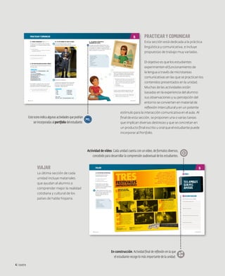 VIAJAR
La última sección de cada
unidad incluye materiales
que ayudan al alumno a
comprender mejor la realidad
cotidiana y cultural de los
países de habla hispana.
PRACTICAR Y COMUNICAR
Esta sección está dedicada a la práctica
lingüística y comunicativa, e incluye
propuestas de trabajo muy variadas.
El objetivo es que los estudiantes
experimenten el funcionamiento de
la lengua a través de microtareas
comunicativas en las que se practican los
contenidos presentados en la unidad.
Muchas de las actividades están
basadas en la experiencia del alumno:
sus observaciones y su percepción del
entorno se convierten en material de
reflexión intercultural y en un potente
estímulo para la interacción comunicativa en el aula. Al
final de esta sección, se proponen una o varias tareas
que implican diversas destrezas y que se concretan en
un producto final escrito u oral que el estudiante puede
incorporar al Portfolio.
10. ES UN HOMBRE DE UNOS 45 AÑOS
A. Tres estudiantes juegan a adivinar
personajes. ¿Sabes de qué personajes se trata?
30
11. YO QUIERO CONOCER AL
HERMANO DE FLAVIA
A. Imagina que puedes invitar a clase a una
persona que conoces (un familiar, un amigo o
una amiga, etc.). Prepara una descripción de
esa persona: su nombre, su relación contigo, su
edad, su profesión, sus gustos, etc.
PEL
8. ¿TIENES HERMANOS? PÁG.144,EJ.10
A. Explica a un compañero cómo se llaman
tus familiares. Tu compañero dibuja tu árbol
genealógico.
1 ¿Tienes hermanos?
! Sí. Tengo dos hermanos: un hermano y una hermana.
Mi hermana se llama Sara…
B. Cuenta algo especial de cada uno.
1 Mi hermana Sara toca el violín.
9. SOY UNA PERSONA BASTANTE TÍMIDA
A. ¿Cómo eres? Escribe una descripción de ti en
una hoja suelta.
B. Presenta ahora a esa persona al resto de la
clase. Tus compañeros tienen que escuchar
para elegir a la persona que quieren conocer.
También te pueden hacer preguntas.
1 Mi invitado se llama Pedro, es mi hermano y vive en Río
de Janeiro, como yo. Tiene 29 años y es informático. Es
un chico muy simpático y muy divertido: le gusta mucho
bailar, ir a la playa y conocer a gente nueva. Es brasileño,
como yo, claro. Y es muy deportista: juega al fútbol y...
! ¿Es guapo?
1 Sí, muy guapo.
! ¿Habla español o inglés?
C. Ahora cada estudiante debe decidir a qué
invitado quiere conocer y explicar por qué.
1 Yo quiero conocer al hermano de Flavia, Pedro, porque
parece un chico muy divertido y activo. Además, a mí
también me gusta ir a la playa y bailar.
PARA COMUNICAR
un niño
una niña
un chico
una chica
un hombre/señor
una mujer/señora
un señor mayor
una señora mayor
Tiene 20 años.
Tiene unos 40 años. = Tiene aproximadamente 40 años.
PARA COMUNICAR
Creo que soy una pesona muy/bastante/poco... y muy/
bastante/poco...
En mi tiempo libre me encanta...
Otras cosas que me gusta hacer son... y...
No me gusta/n nada... ni...
Mi color favorito es el...
Mi comida favorita es el/la...
Mi deporte favorito es el/la...
B. Tu profesor recoge las hojas y las reparte.
Cada alumno debe adivinar de quién es la
descripción que tiene. Comentadlo en grupos.
1 Yo creo que este es Nils porque dice que es muy
hablador y le gusta mucho el jamón serrano.
Persona elegida
Relación conmigo
Nacionalidad
Profesión
Edad
Aspecto físico
Carácter
Gustos y aficiones
B. Escucha y comprueba.
C. Prepara una descripción de un personaje
famoso, real o de ficción, o de un alumno
de la clase. Luego, lee la descripción a un
compañero. ¿Sabe quién es?
31
PRACTICAR Y COMUNICAR 5
sesenta y siete | 67
66 | sesenta y seis
12. DE FESTIVAL EN FESTIVAL
A. ¿Qué festivales de música
conoces? Explica en clase:
p ¿En qué ciudad se celebra?
p ¿Cuándo se celebra?
p ¿Qué tipo de conciertos hay?
B. Aquí tienes un texto sobre
3 festivales de música. Léelo y
comenta con un compañero cuál te
parece más interesante.
C. Elige un festival de la lista u otro
que te interesa y busca información
sobre él. Luego, prepara una
pequeña exposición para tus
compañeros.
CON LA LLEGADA DEL BUEN
TIEMPO, LOS AMANTES DE LA
MÚSICA PUEDEN DISFRUTAR DE
CONCIERTOS AL AIRE LIBRE. EN
ESPAÑA HAY MUCHOS FESTIVALES
DE MÚSICA, ESPECIALMENTE
ENTRE LOS MESES DE MAYO Y
SEPTIEMBRE. TE RECOMENDAMOS
TRES DE ELLOS.
TRES
FESTIVALES
IMPRESCINDIBLES
FESTIVAL DE JAZZ
DE SAN SEBASTIÁN
El Festival de Jazz de San Sebastián
se celebra el mes de julio y en su
programa siempre hay grandes
estrellas del jazz contemporáneo
como Miles Davis, Chick Corea
y Ella Fitzgerald.
FIB
En julio se celebra en Benicàssim,
Castellón, uno de los festivales
más importantes de Europa, donde
actúan las estrellas (nacionales e
internacionales) más importantes
de la música pop, rock y disco
del momento. ¿Te gustan Franz
Ferdinand, Arctic Monkeys y Muse?
Entonces, ¡este es tu festival!
BIENAL DE FLAMENCO
La Bienal de Flamenco de Sevilla es
un gran festival que, cada dos años,
programa casi 100 actuaciones de
cante, baile y guitarra. Se celebra
durante el mes de septiembre y en él
actúan grandes estrellas del flamenco.
Este es tu festival si te gustan Sara
Baras, Tomatito o Mayte Martín.
OTROS FESTIVALES
Sónar (Barcelona, junio)
Azkena Rock Festival (Vitoria, junio)
Primavera Sound (Barcelona, mayo)
Monegros Festival (provincia de Huesca, julio)
ViñaRock (Villarobledo, Albacete, mayo)
FestiMAD (Madrid, mayo)
Nombre del festival:
Fechas:
Ciudad:
Tipo de música:
Artistas invitados:
Otras características:
TUS AMIGOS
SON MIS
AMIGOS
Lo más importante para mí:
Palabras y expresiones:
Algo interesante sobre la cultura hispana:
Quiero saber más sobre…
ENCONSTRUCCIÓN
¿Qué te llevas de esta unidad?
VÍDEO
VIAJAR 5
68 | sesenta y ocho sesenta y nueve | 69
Este icono indica algunas actividades que podrían
ser incorporadas al portfolio del estudiante.
Actividad de vídeo. Cada unidad cuenta con un vídeo, de formatos diversos,
concebido para desarrollar la comprensión audiovisual de los estudiantes.
En construcción. Actividad final de reflexión en la que
el estudiante recoge lo más importante de la unidad.
PEL
4 | cuatro
 