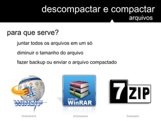 descompactar e compactar
para que serve?
juntar todos os arquivos em um só
diminuir o tamanho do arquivo
fazer backup ou enviar o arquivo compactado
arquivos
shareware shareware freeware
 